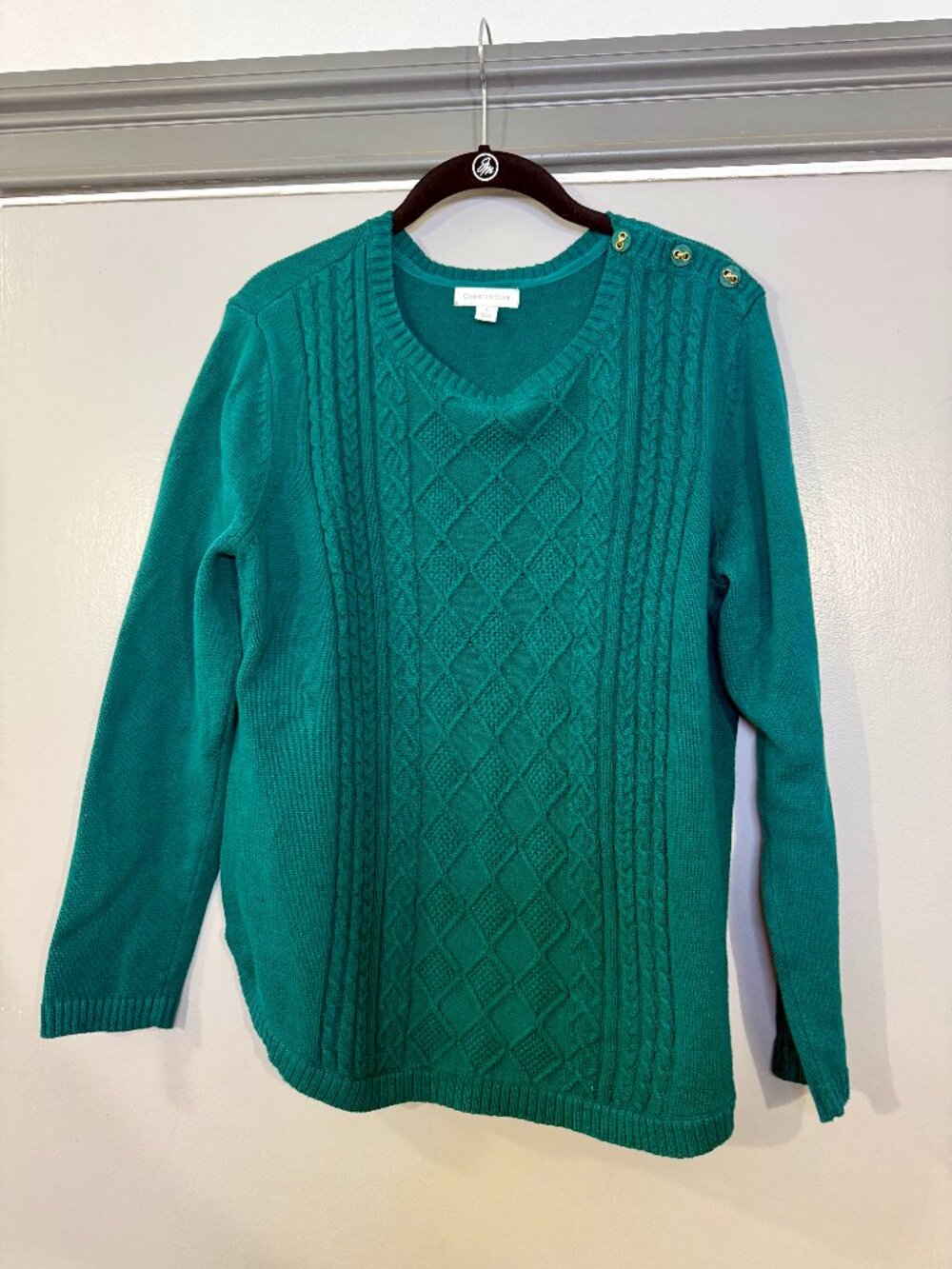 Charter Club Teal Cable Knit Sweater Women’s L V Neck Button Shoulder
